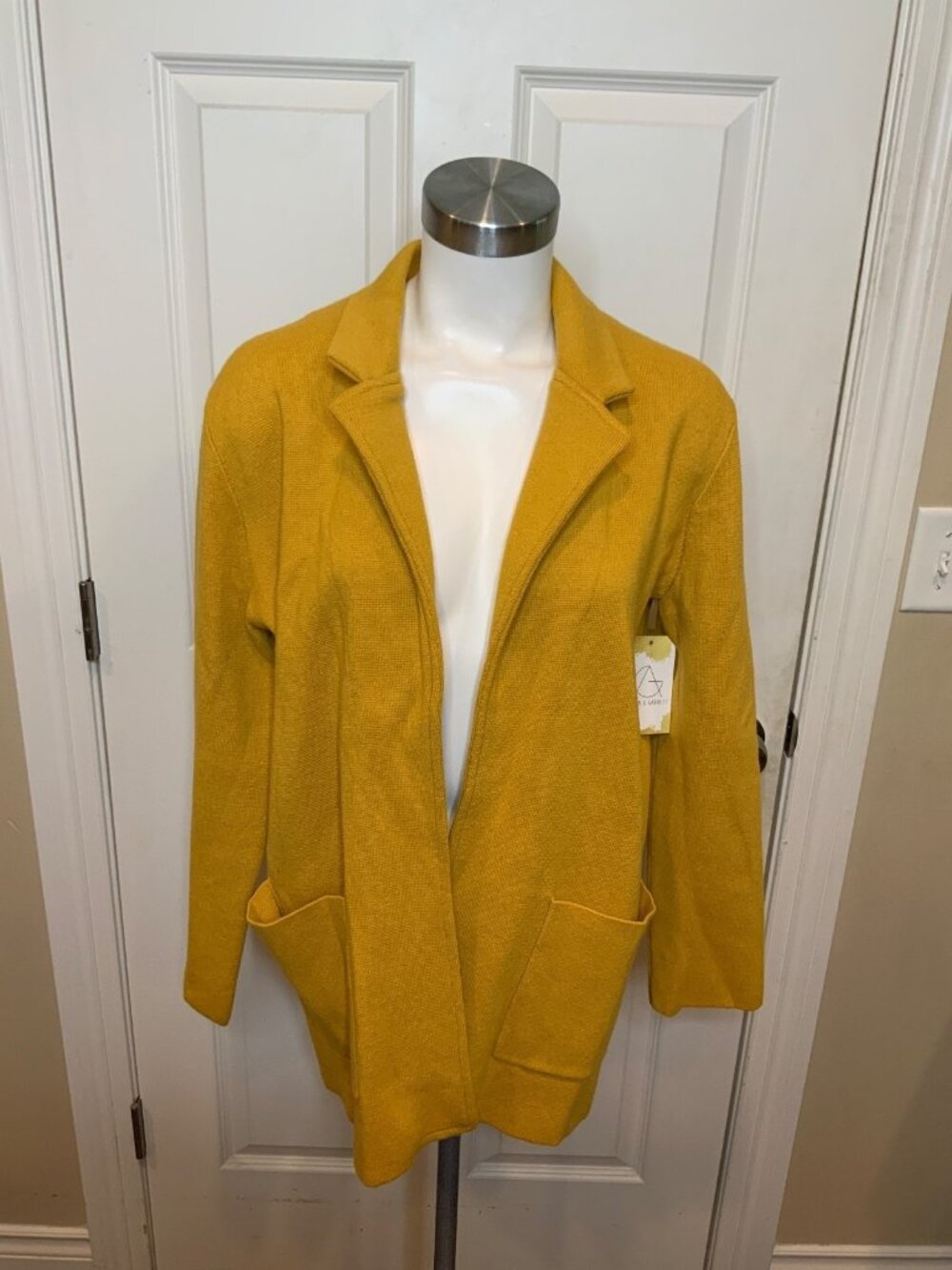 Magaschoni Mustard Yellow Cotton Wool Blend Open Front Knit Jacket, Size Medium